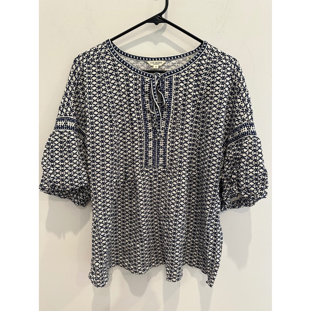 Max Studio London Navy White Floral Geometric Peasant Blouse Top size M